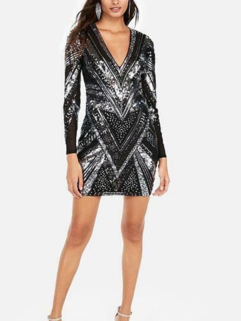 Express Black Silver Sequin Art Deco Long Sleeve Mini Dress Cocktail Homecoming